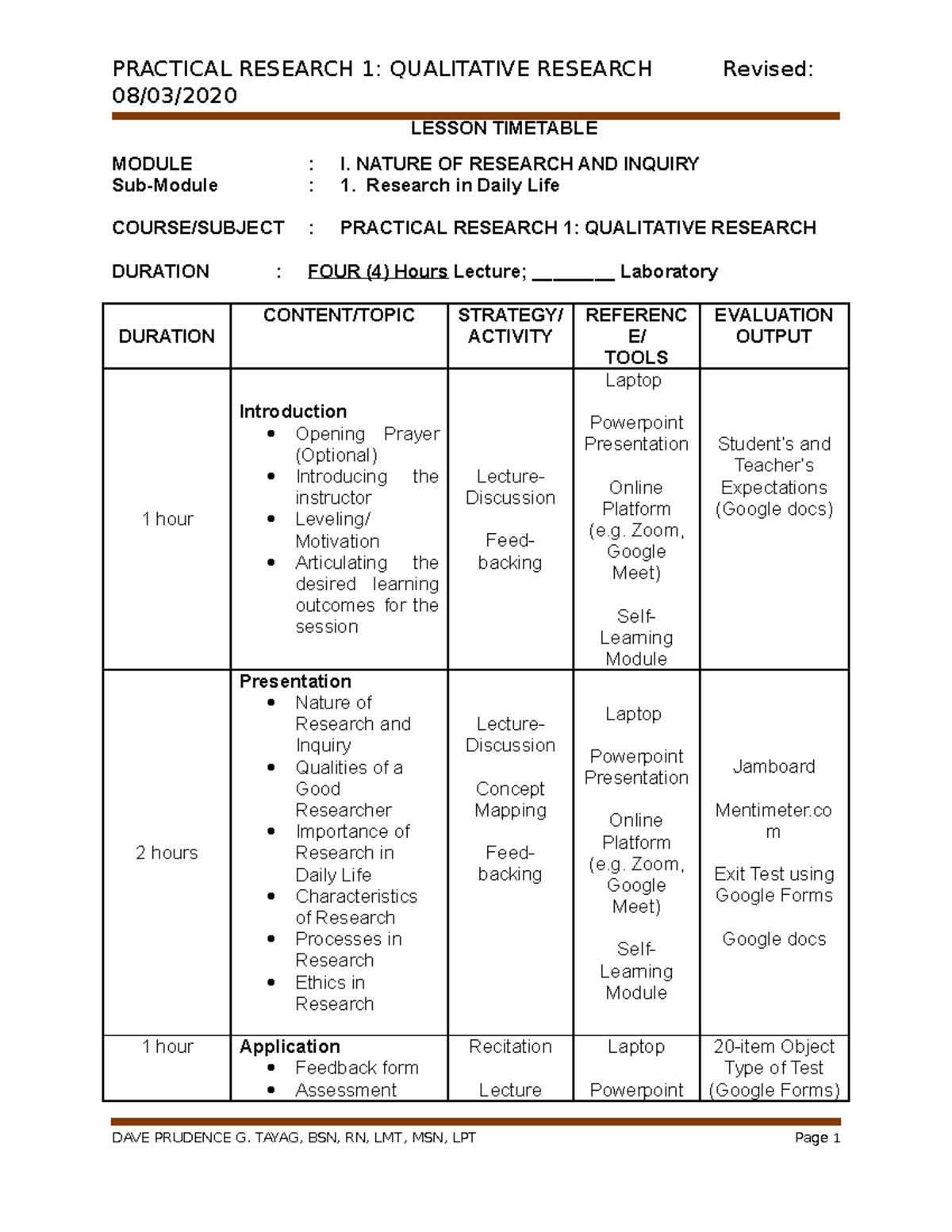 Module 1 Research in Daily Life - 08/03/ LESSON TIMETABLE MODULE : I ...