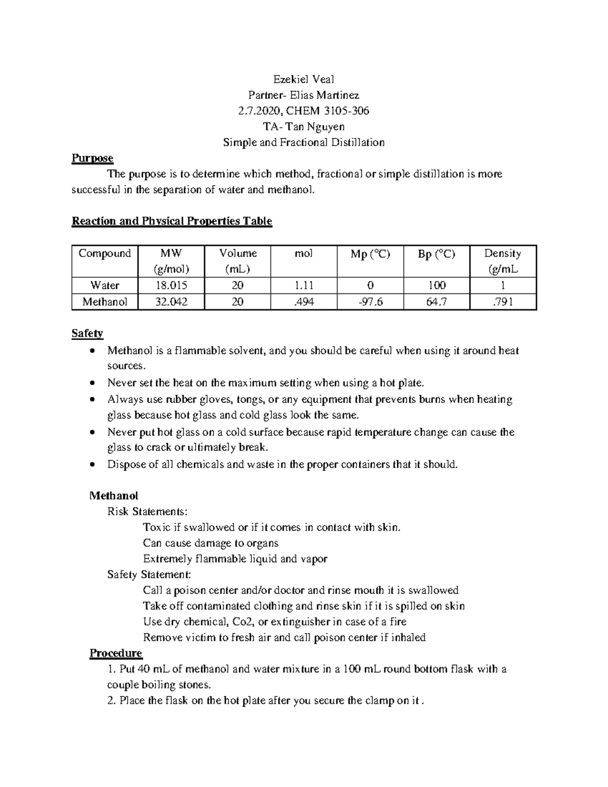 Ochem Lab Report 1 Simple And Fractional Distillation Ezekiel Veal