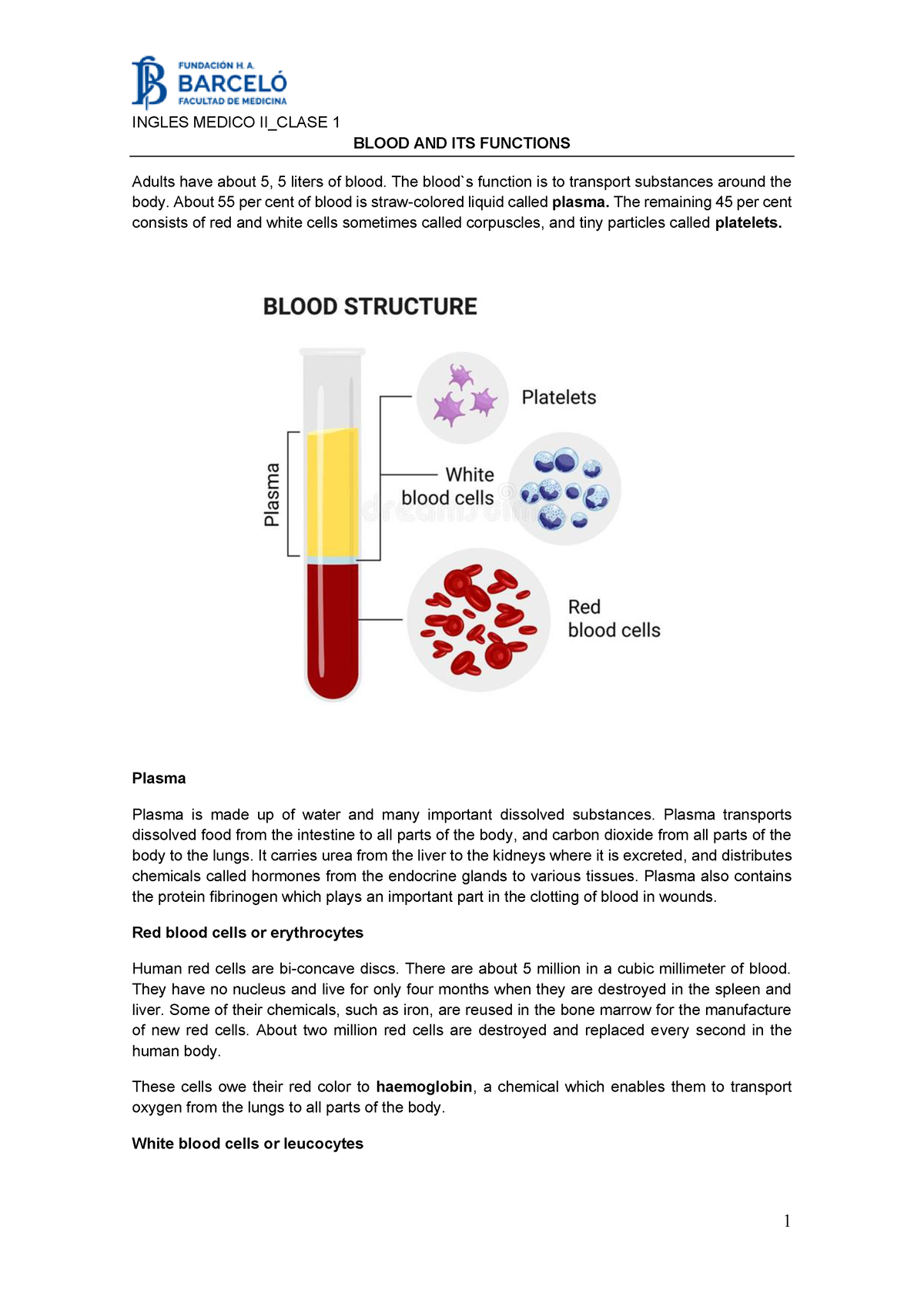 Ingles Medico II clase 1 Blood. Tissue fluid and Lymph 2022 - INGLES ...