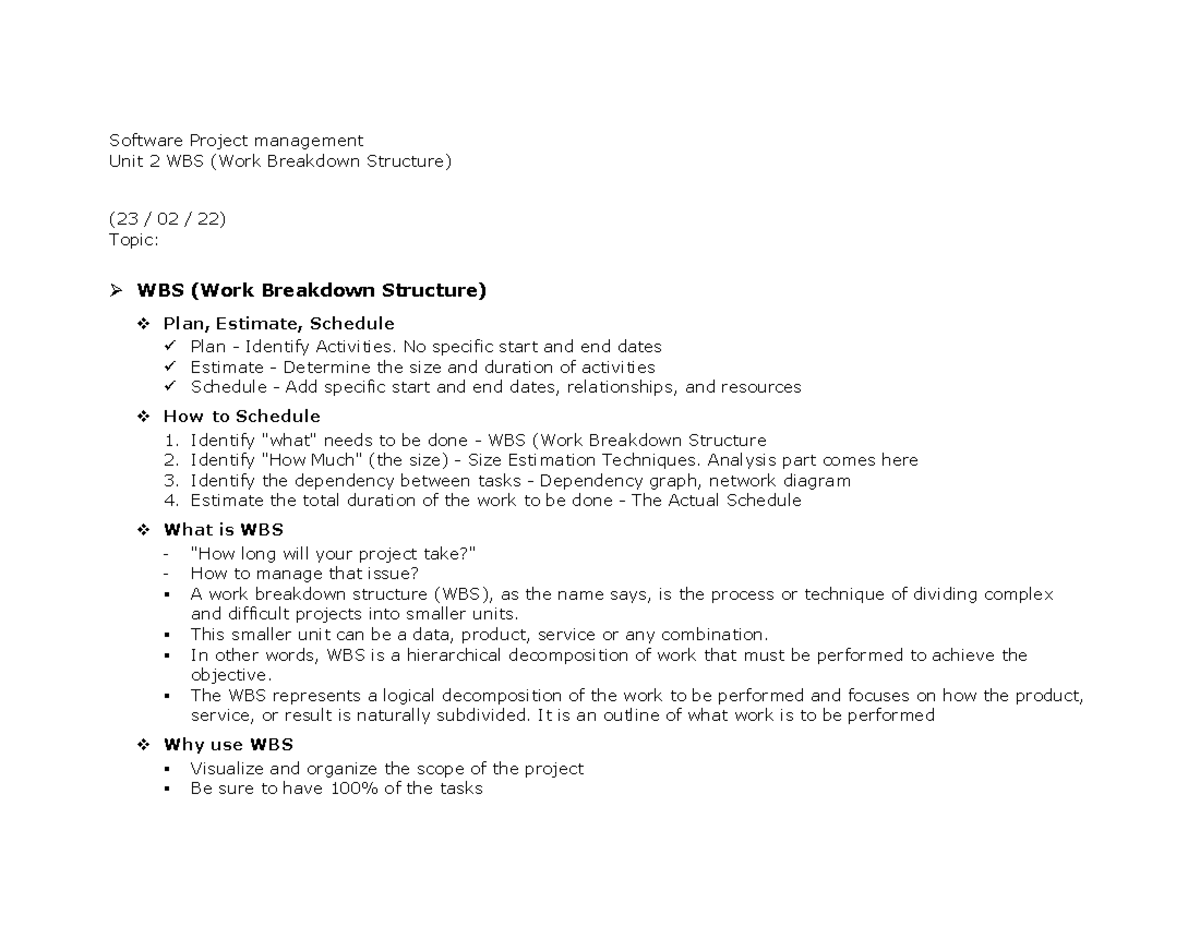 Unit 2 WBS (Work Breakdown Structure) - Software Project management ...