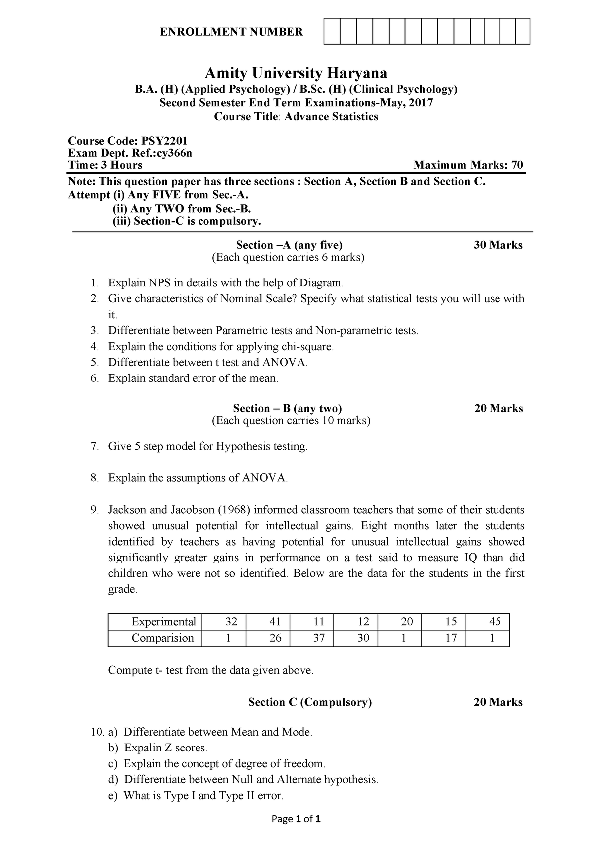 Bsc(cp)-ba(ap) Ii Advance Statistics Out - Page 1 Of 1 Enrollment 