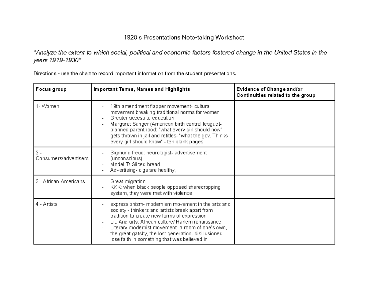 1920s Chart notes - 1920's Presentations Note-taking Worksheet “Analyze ...