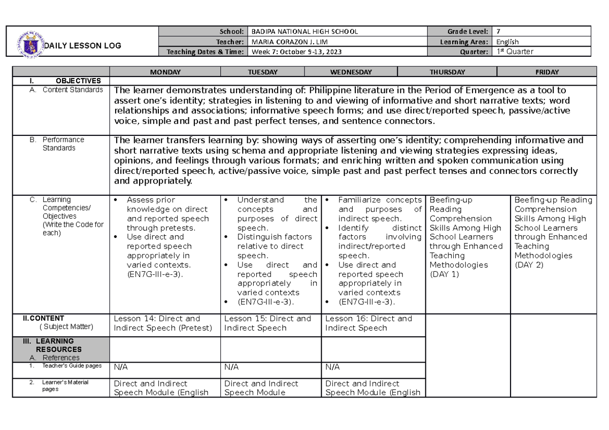English 7 Week 7 SY 2023-2024 - DAILY LESSON LOG School: BADIPA ...
