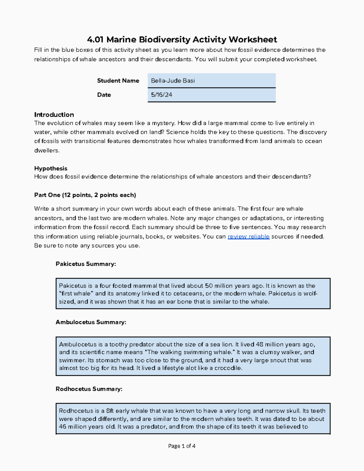 Finished 4.01 Biodiversity assessment 4 Marine Biodiversity Activity Worksheet Fill in the