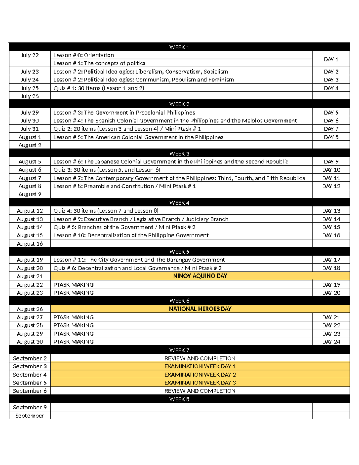 WEEK 1 - Schedule of Acitivties for Pol Gov - July 22 Lesson # 0 ...