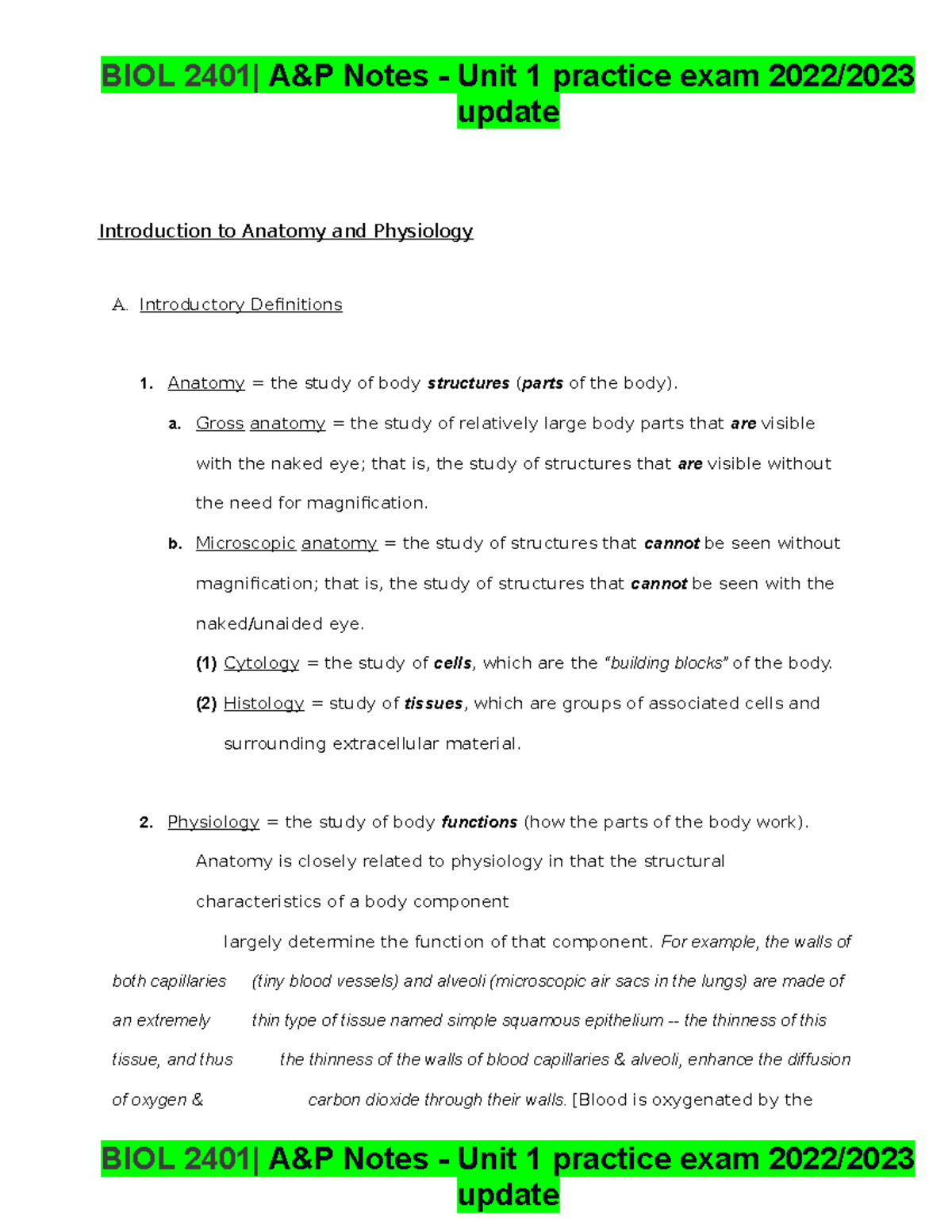 A P Notes Unit 1 2017 .docx - update Introduction to Anatomy and ...