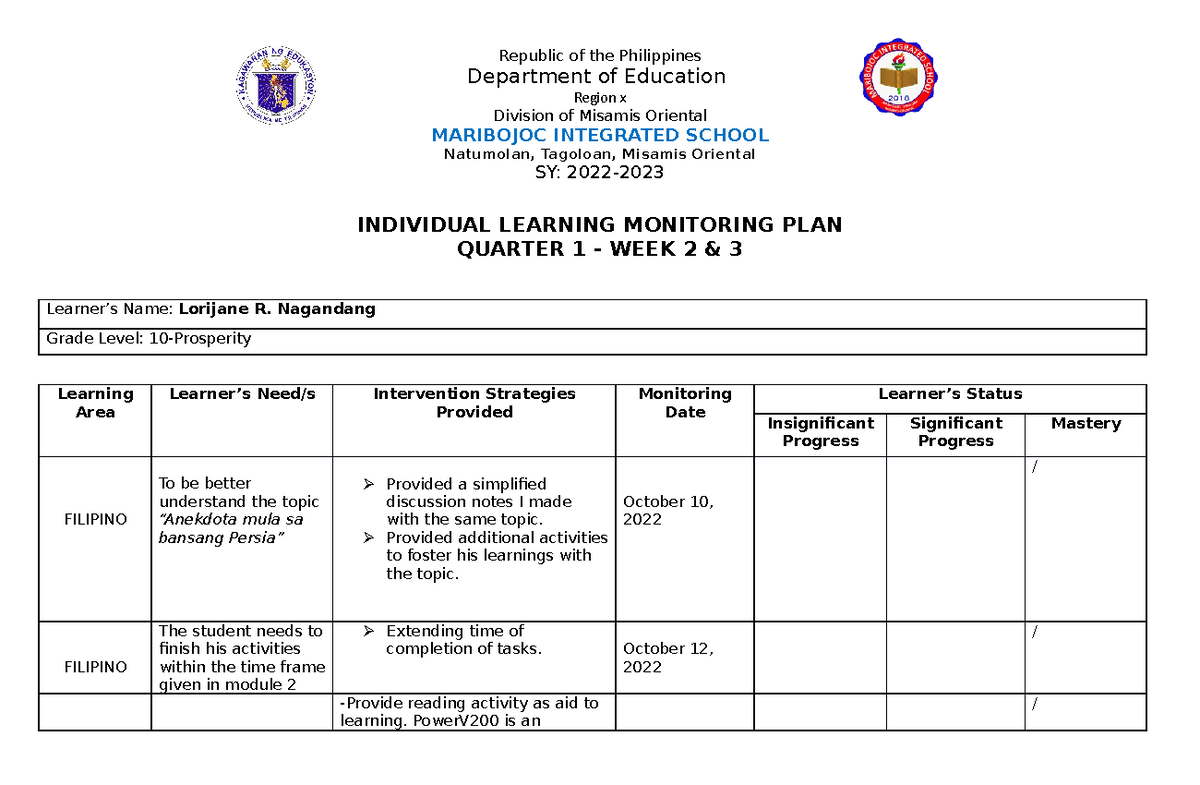 G10 Ilmp Q1 Education Republic Of The Philippines Department Of Education Region X Division 5502