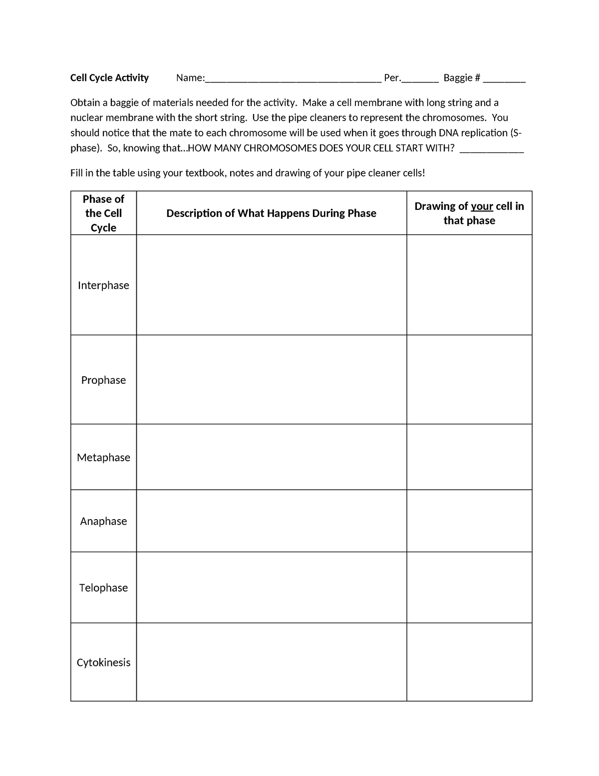 Cell Cycle Worksheet - Cell Cycle Activity Name ...