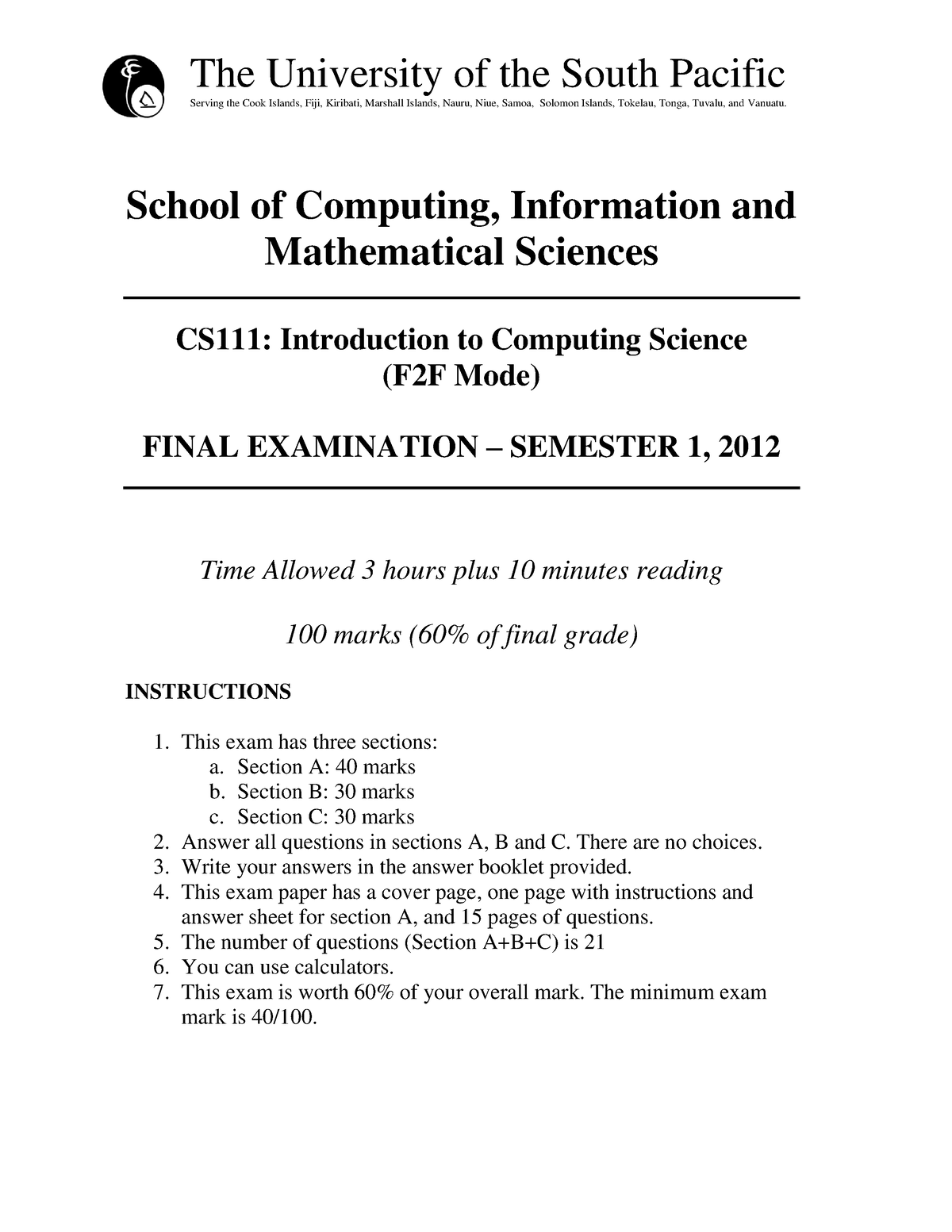 CS111 - Final Exam - Semester One - 2012 - The University Of The South ...