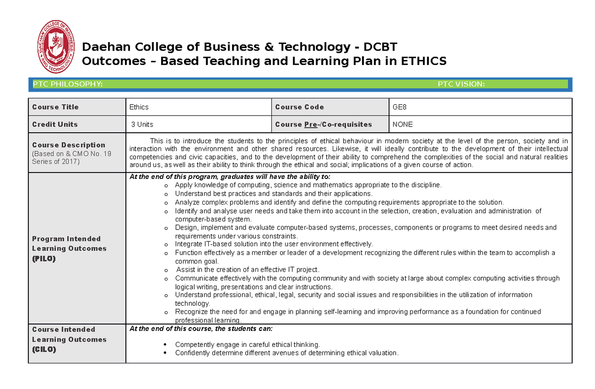Copy of Ethics syllabus - Daehan College of Business & Technology ...
