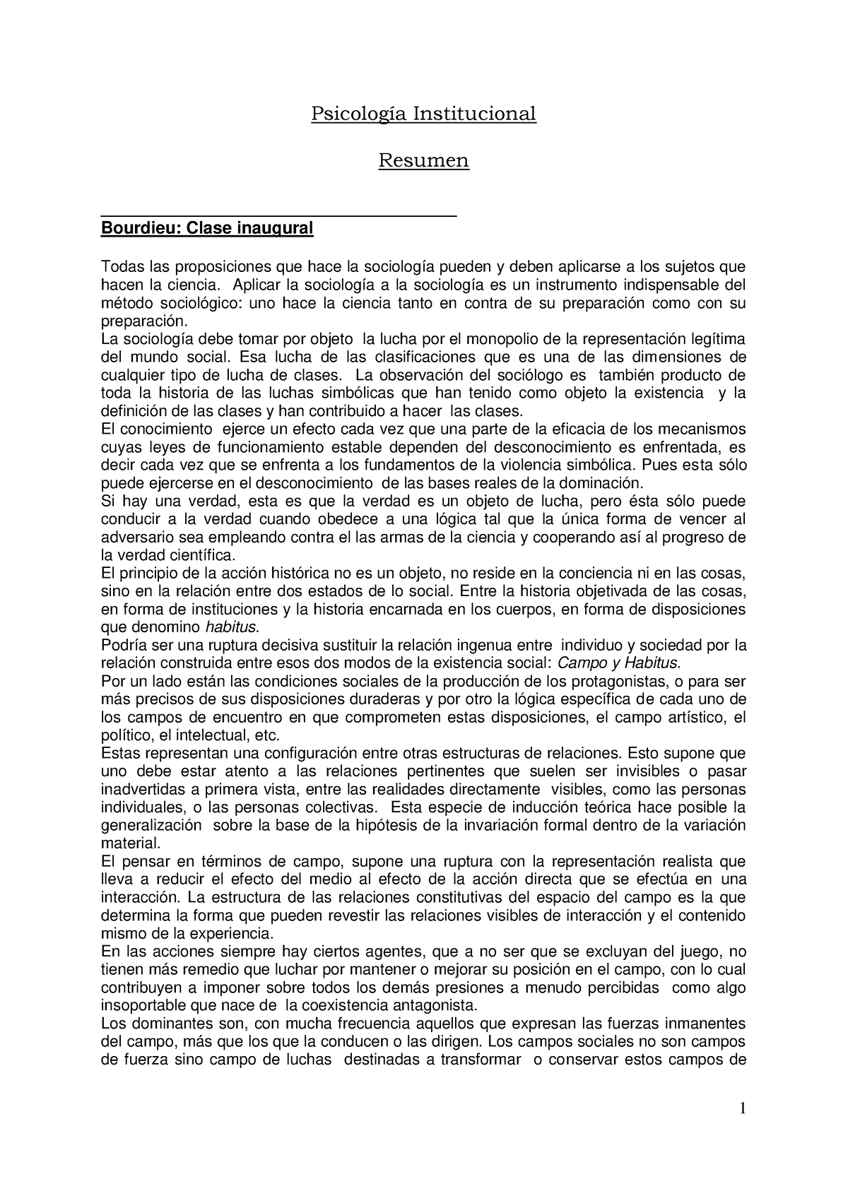 Resumen Institucional - Psicología Institucional Resumen Bourdieu ...