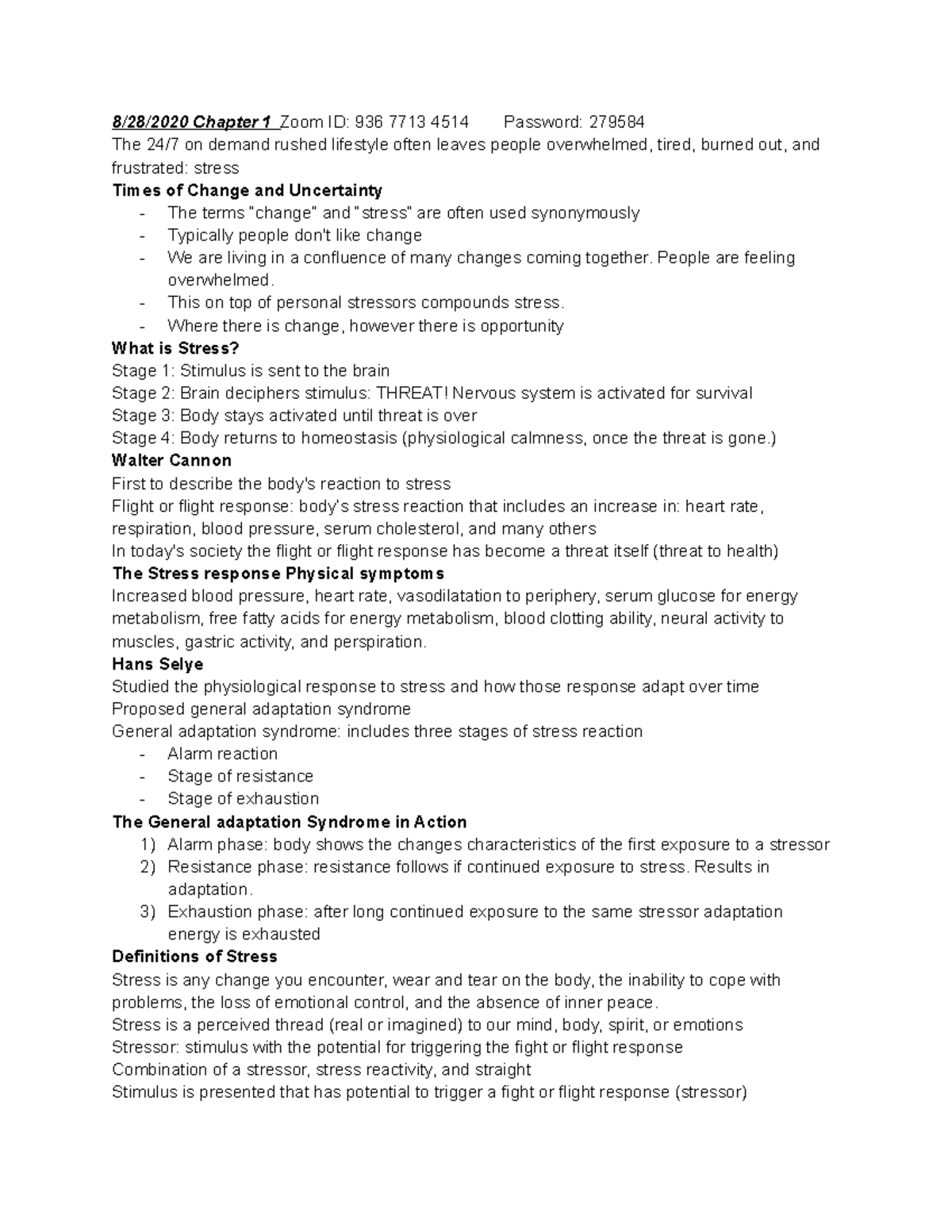 Stress Management - Lecture Notes - 8/28/2020 Chapter 1 Zoom ID: 936 ...