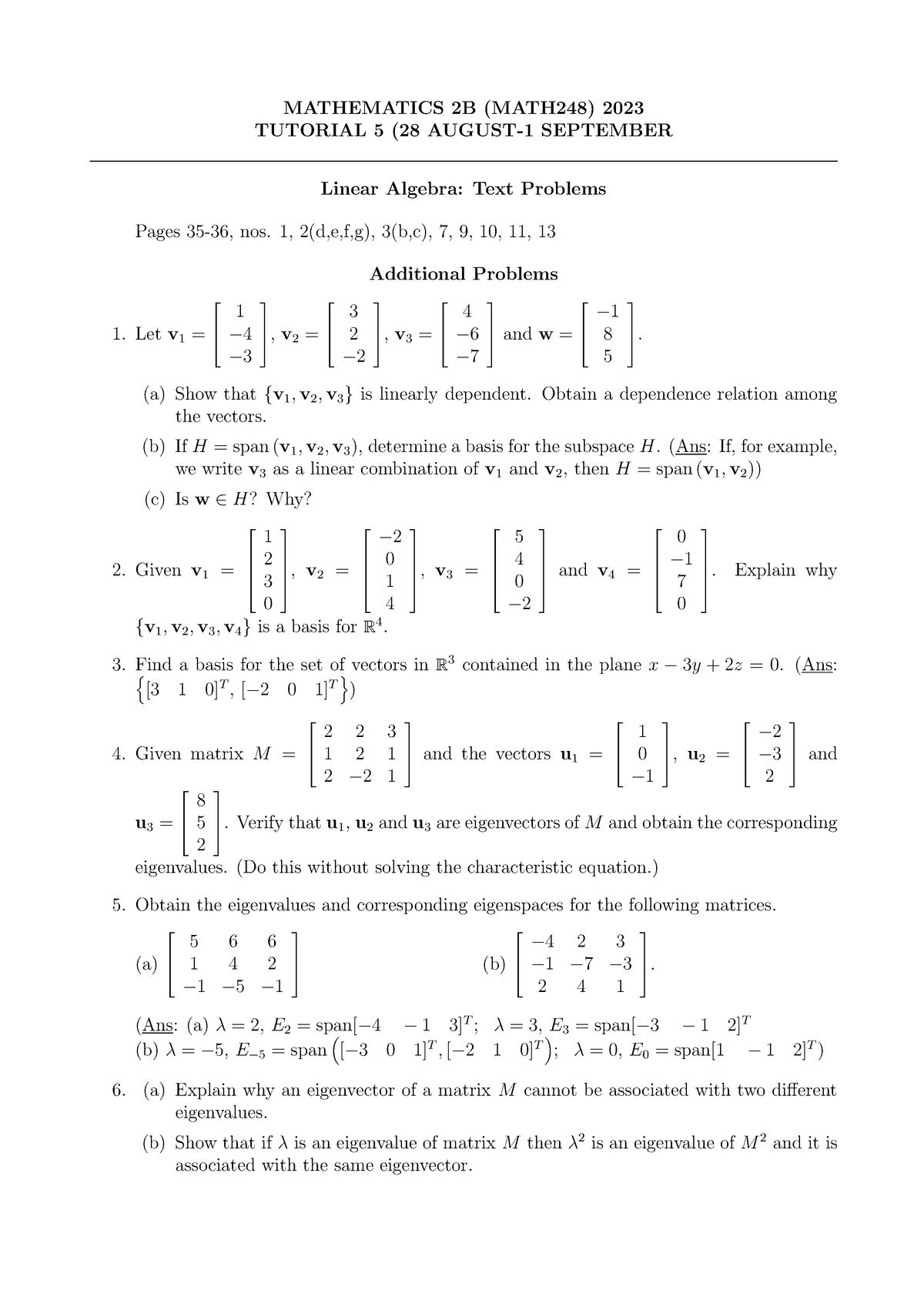 Tutorial 5 (2023) - Linear Algebra - MATHEMATICS 2B (MATH248) 2023 ...