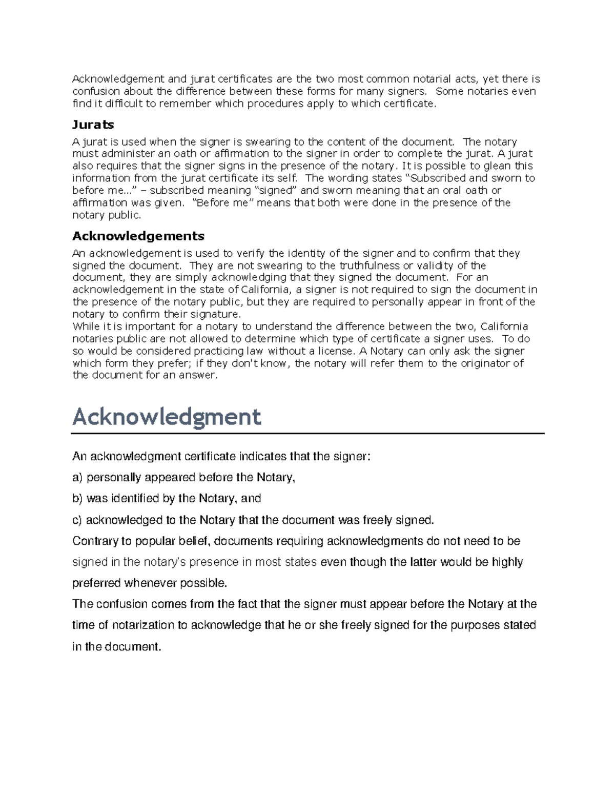 Jurat & Acknowledgement - Acknowledgement and jurat certificates are ...