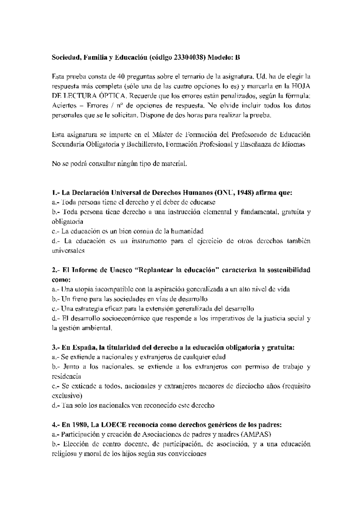 Examen Febrero 2018 Modelo B - Sociedad, Familia Y Educación (código ...