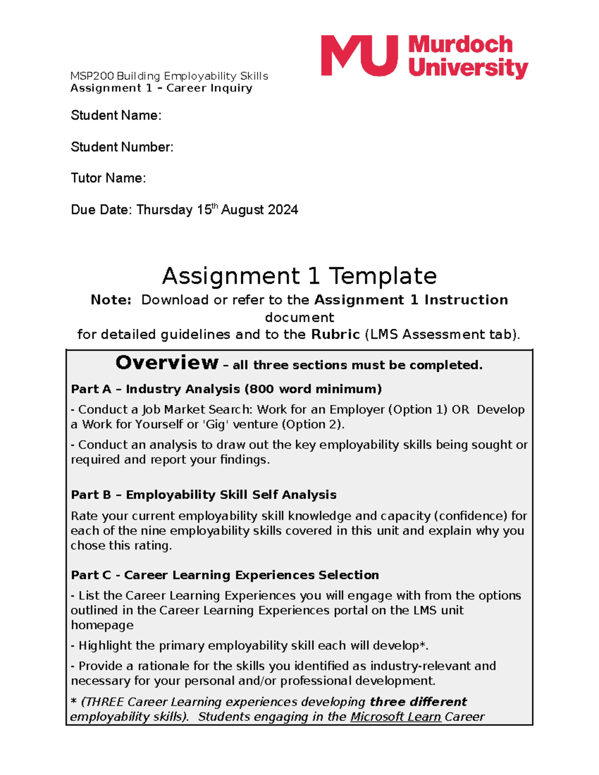 MSP200 Ass. 1 - Career Inquiry Template - Assignment 1 – Career Inquiry ...