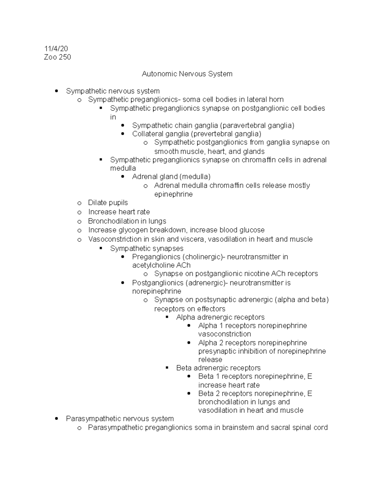 Lecture 15 Autonomic Nervous System - 11/4/ Zoo 250 Autonomic Nervous ...