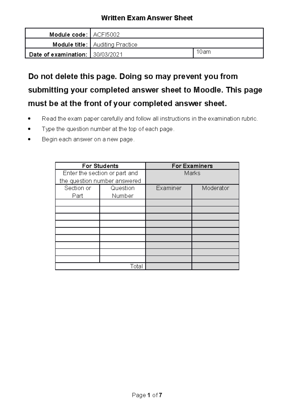 Auditing Practice Exam - Module Code: ACFI Module Title: Auditing ...