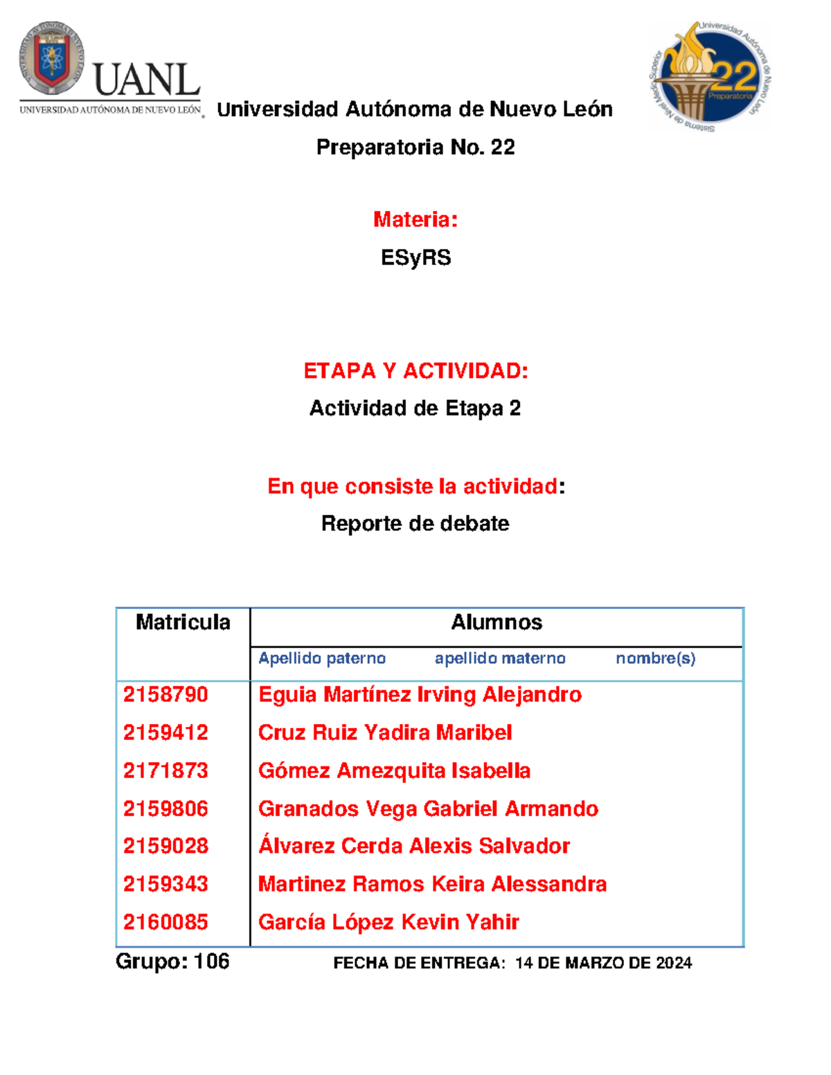 Equipo 2 EV2 ESRS - Universidad Autónoma de Nuevo León Preparatoria No ...