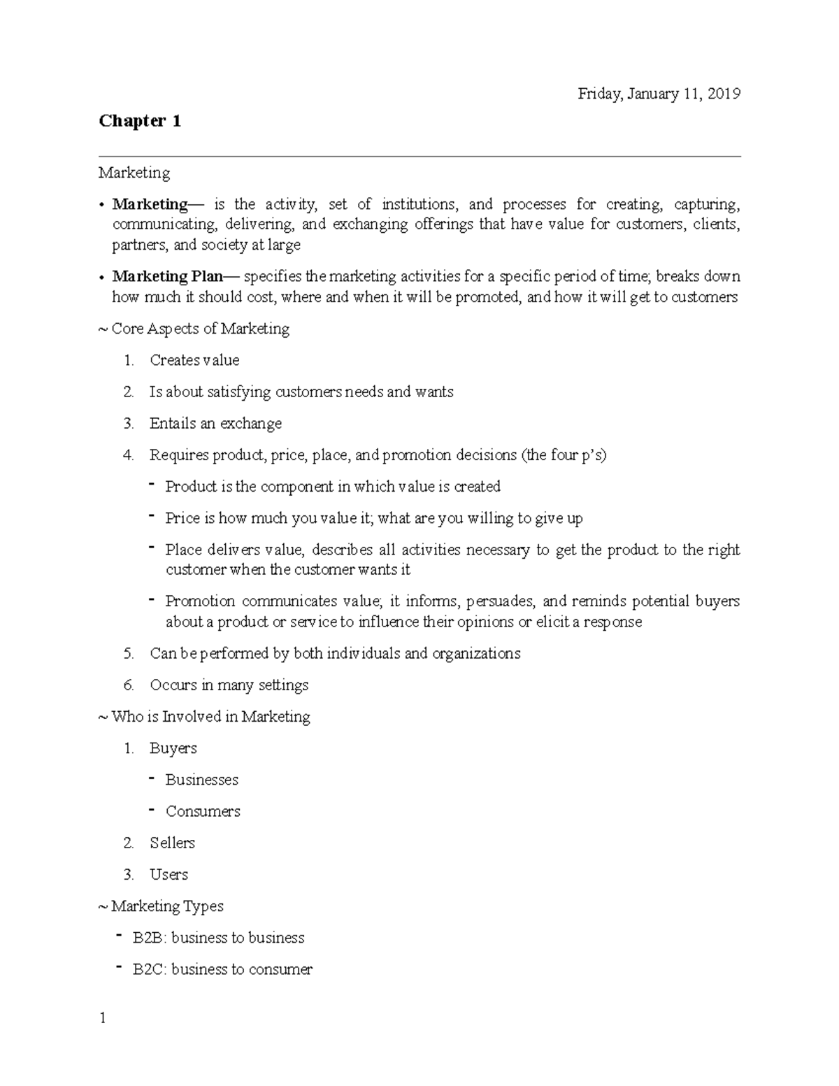 Chapter 1- What is Marketing - Friday, January 11, 2019 Chapter 1 ...