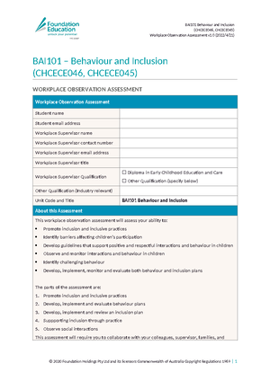 PAC01 - Workplace Observation Assessment (ECEC) - (CHCECE043, CHCECE047 ...