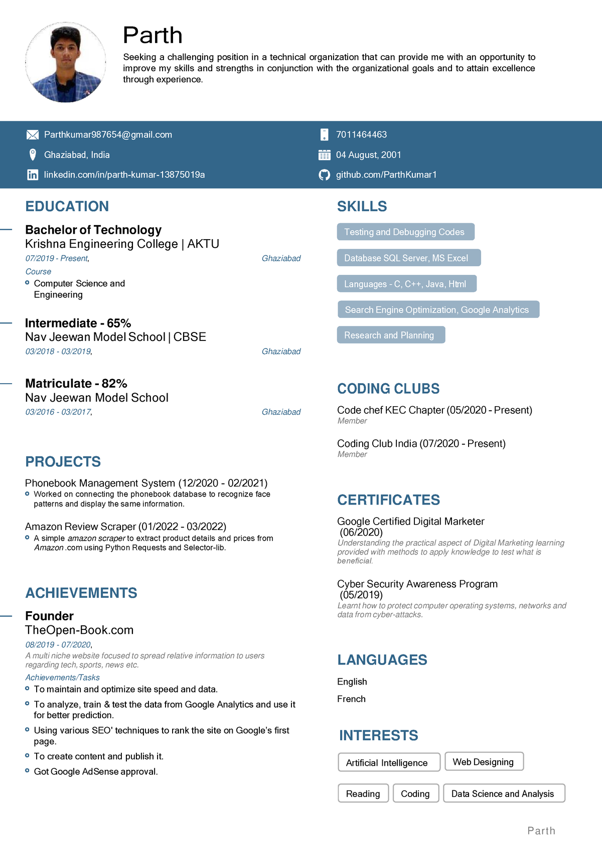 Parth Resume , CSE (1) - jn jkj,jb - Parth Seeking a challenging ...