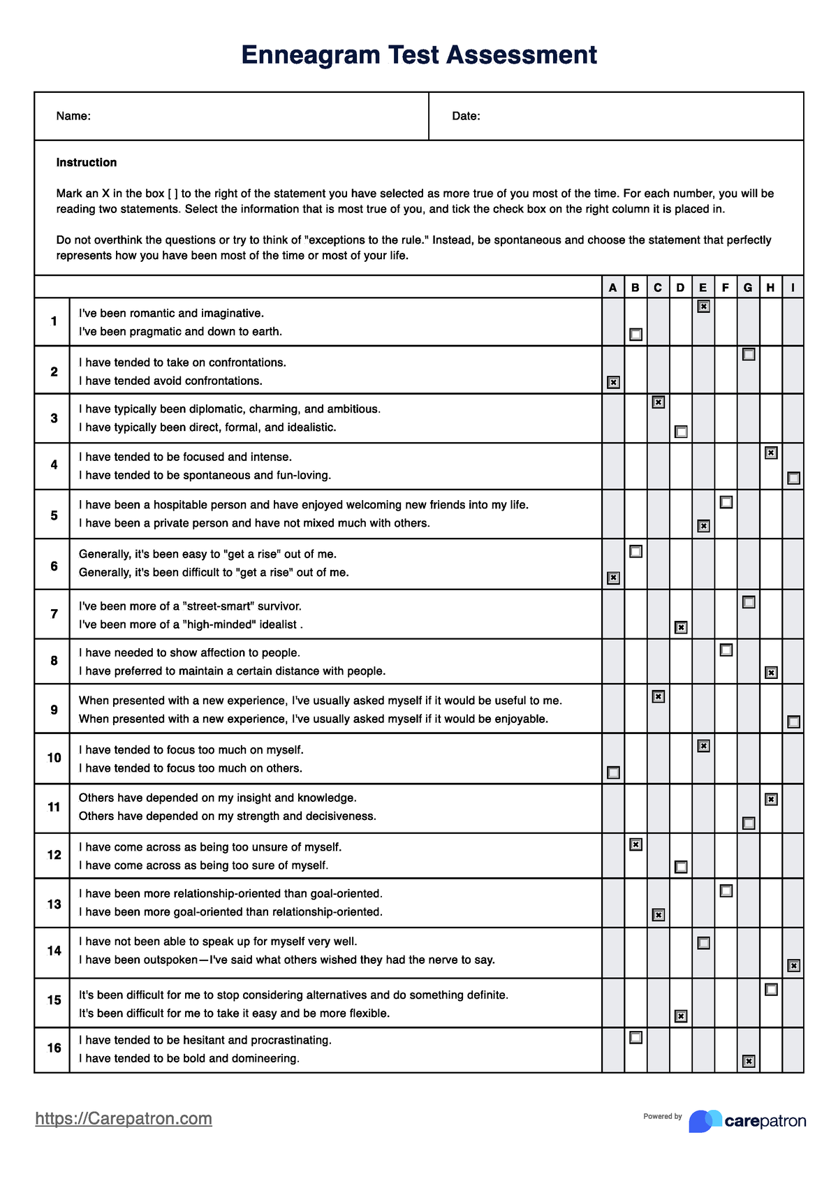 Enneagram Questionnaire Carepatron Powered By Name Date Instruction