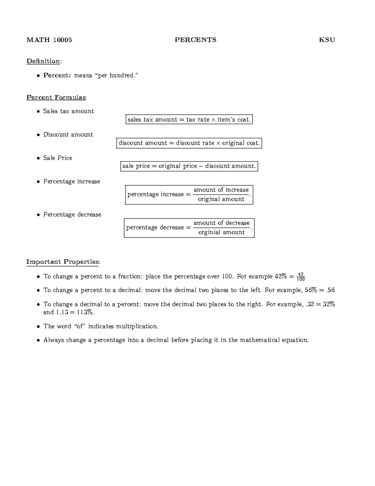Percents - MATH 10005 PERCENTS KSU Definition: Percent: means “per ...