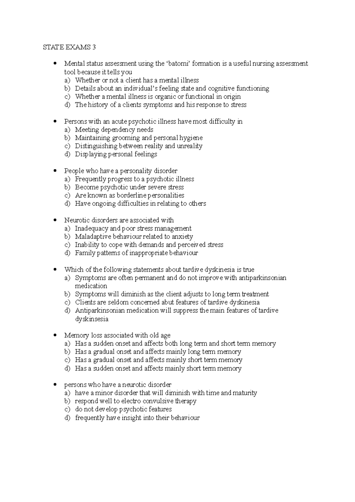 Copy of State Exams 3 - STATE EXAMS 3 Mental status assessment using ...