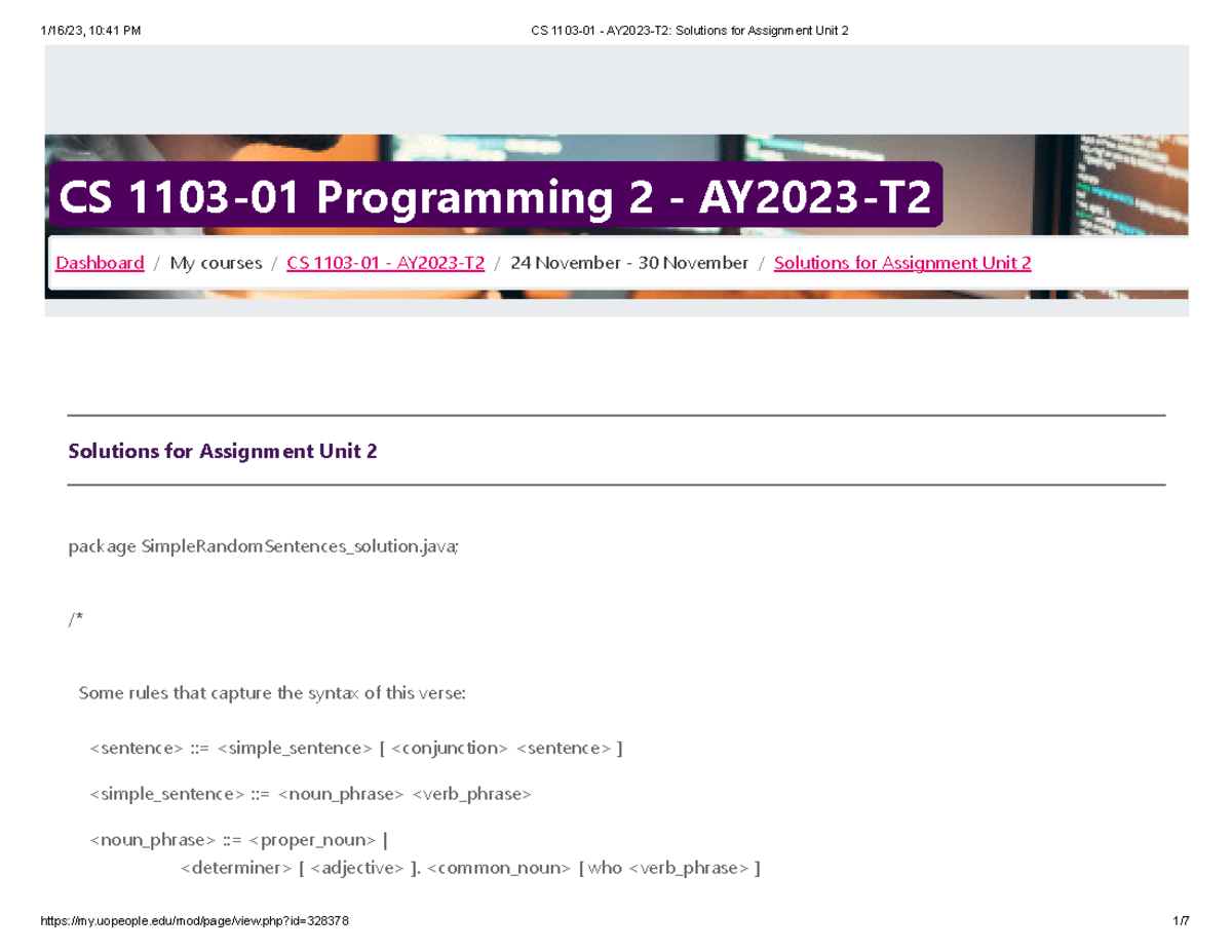 CS 1103-01 - AY2023-T2 Solutions For Assignment Unit 2 - CS 1103-01 ...