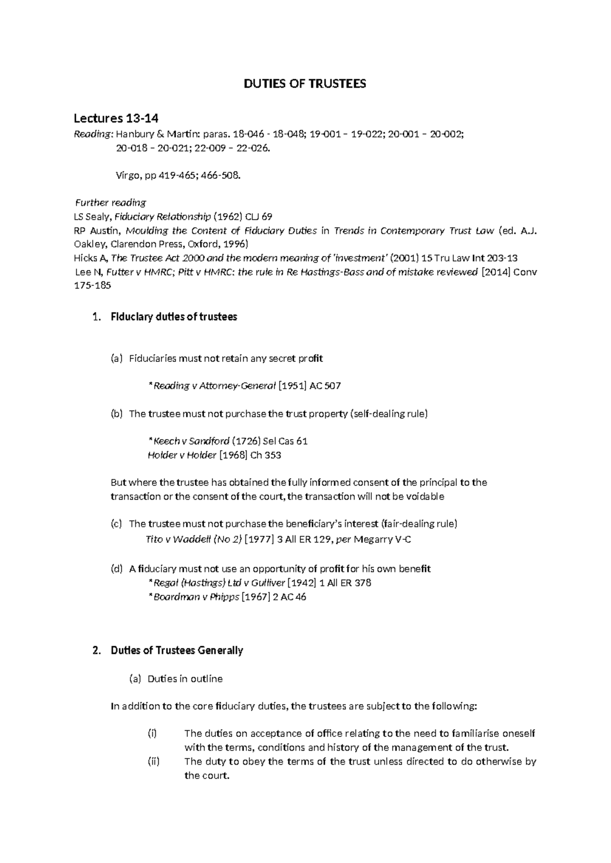 Duties of Trustees - Tutorial Sheet - DUTIES OF TRUSTEES Lectures 13 ...