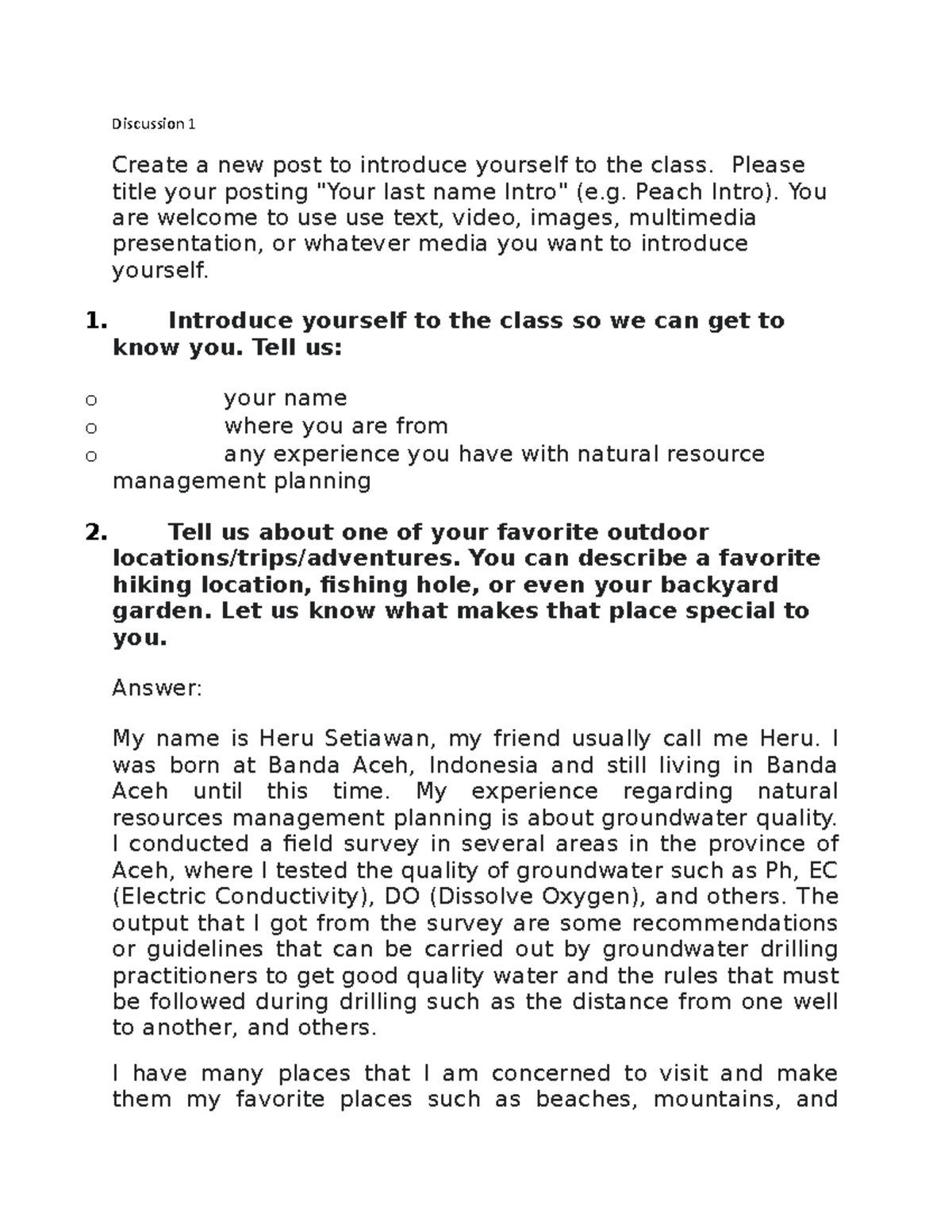 EVS 519 Discussion 1 Introduction - Discussion 1 Create a new post to ...