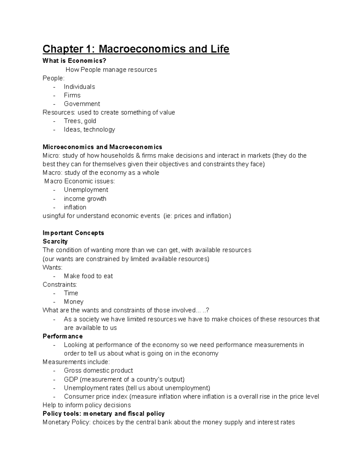 Chapter 1 - Lecture notes 1 - Chapter 1: Macroeconomics and Life What ...
