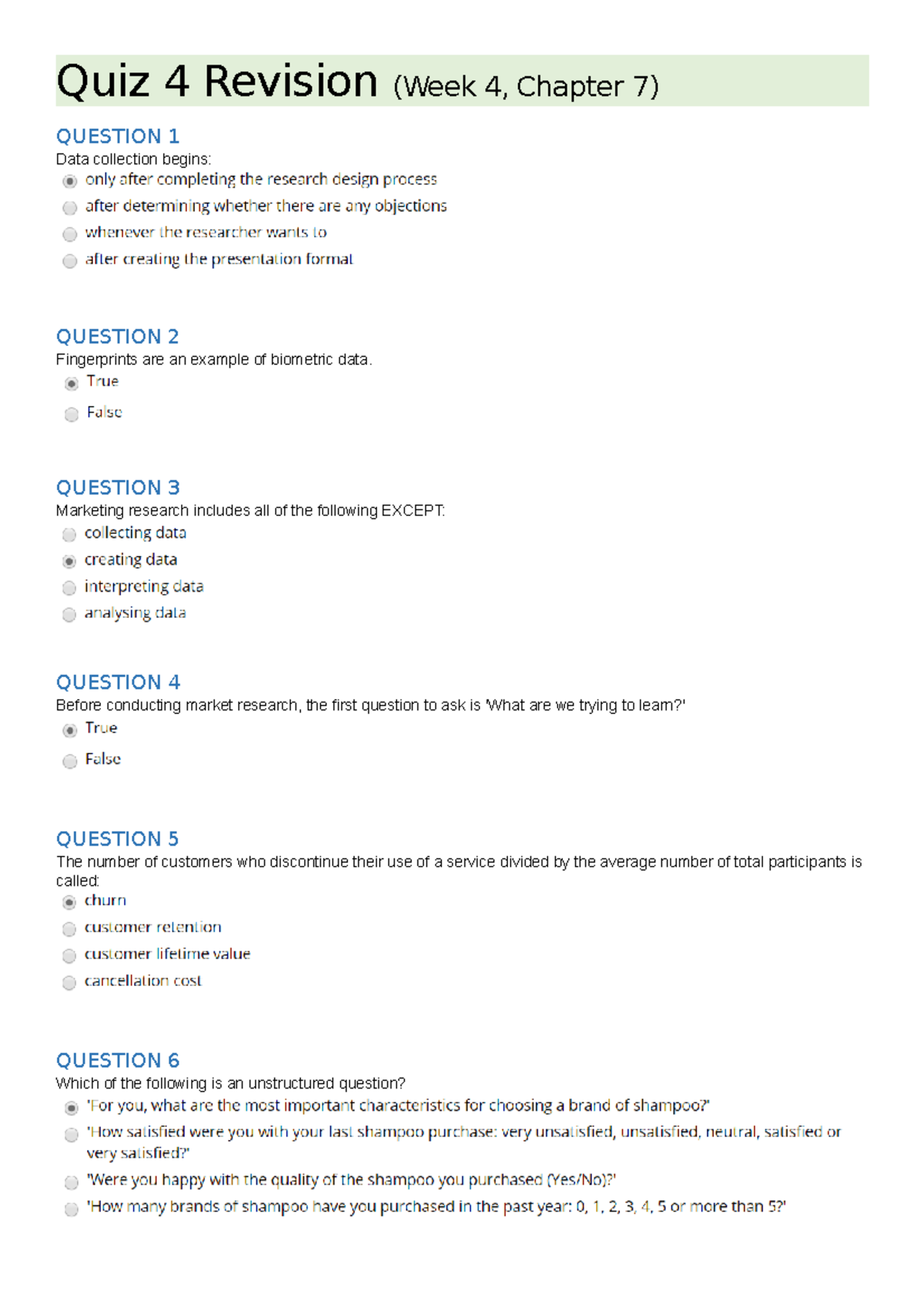 PQuiz Week 4 Ch7 - Week 4's Practice Quiz. - Quiz 4 Revision (Week 4 ...