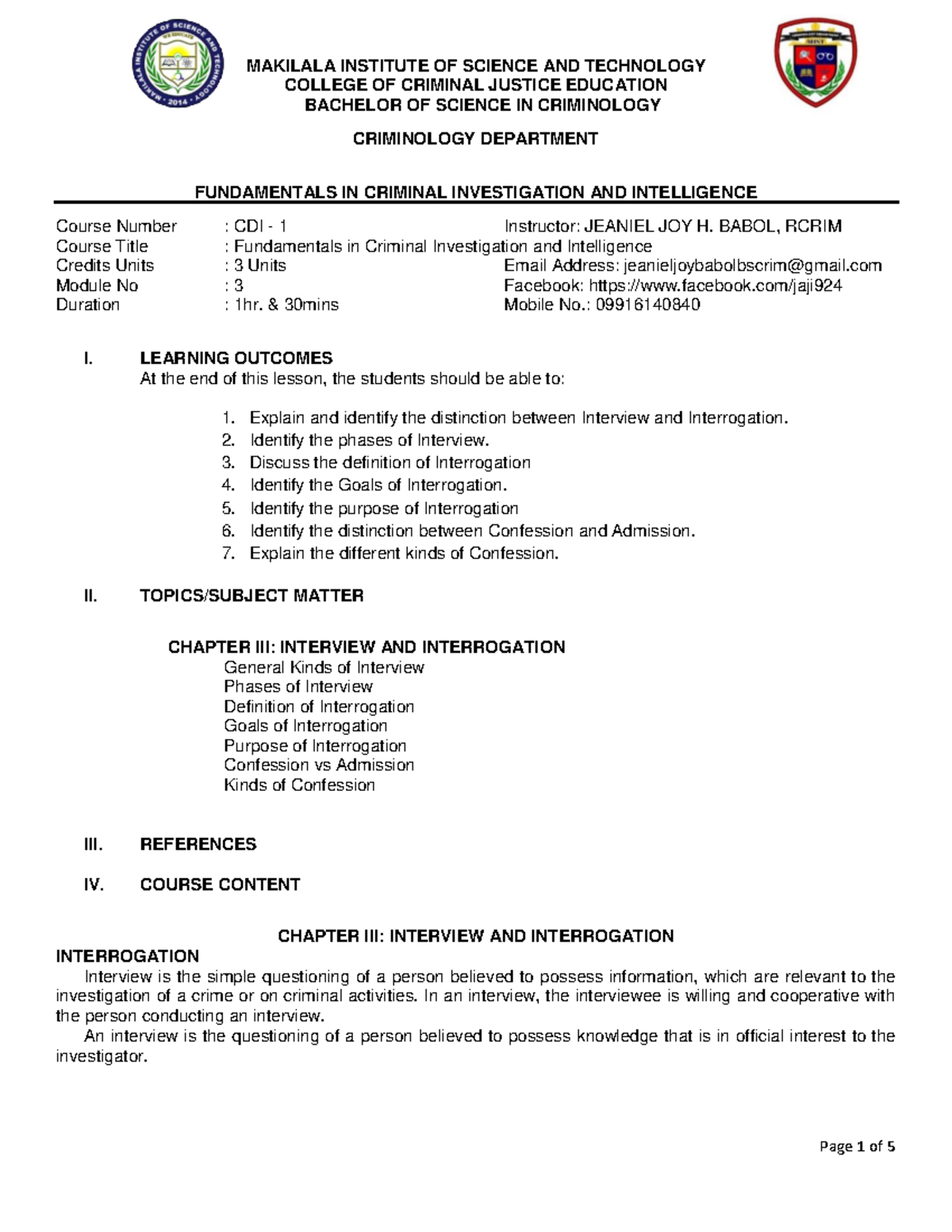 CDI-1-M3 - COLLEGE OF CRIMINAL JUSTICE EDUCATION BACHELOR OF SCIENCE IN ...