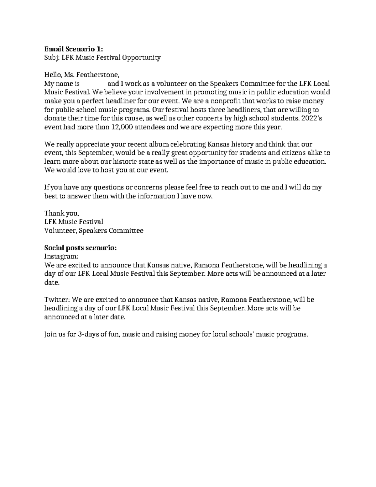 Unit 13-Assignment-Professional email S23 - Email Scenario 1: Subj: LFK ...