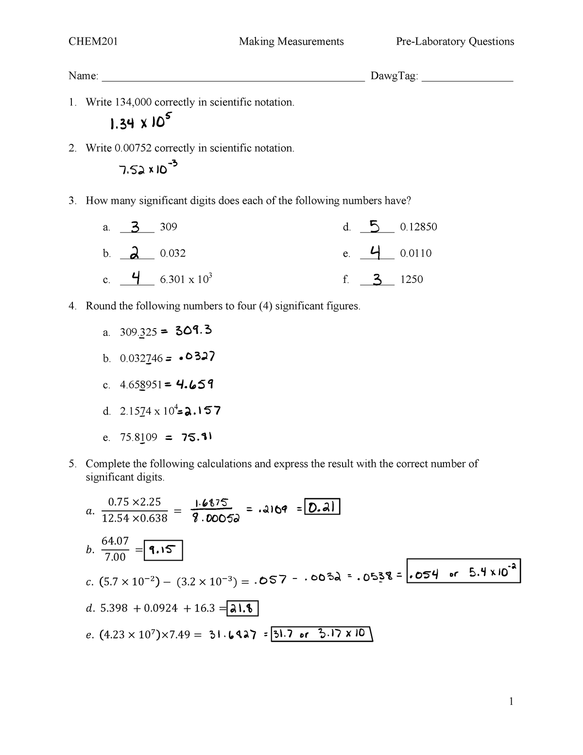 Making Measurements Pre-Lab 1 - CHEM201 Making Measurements Pre ...