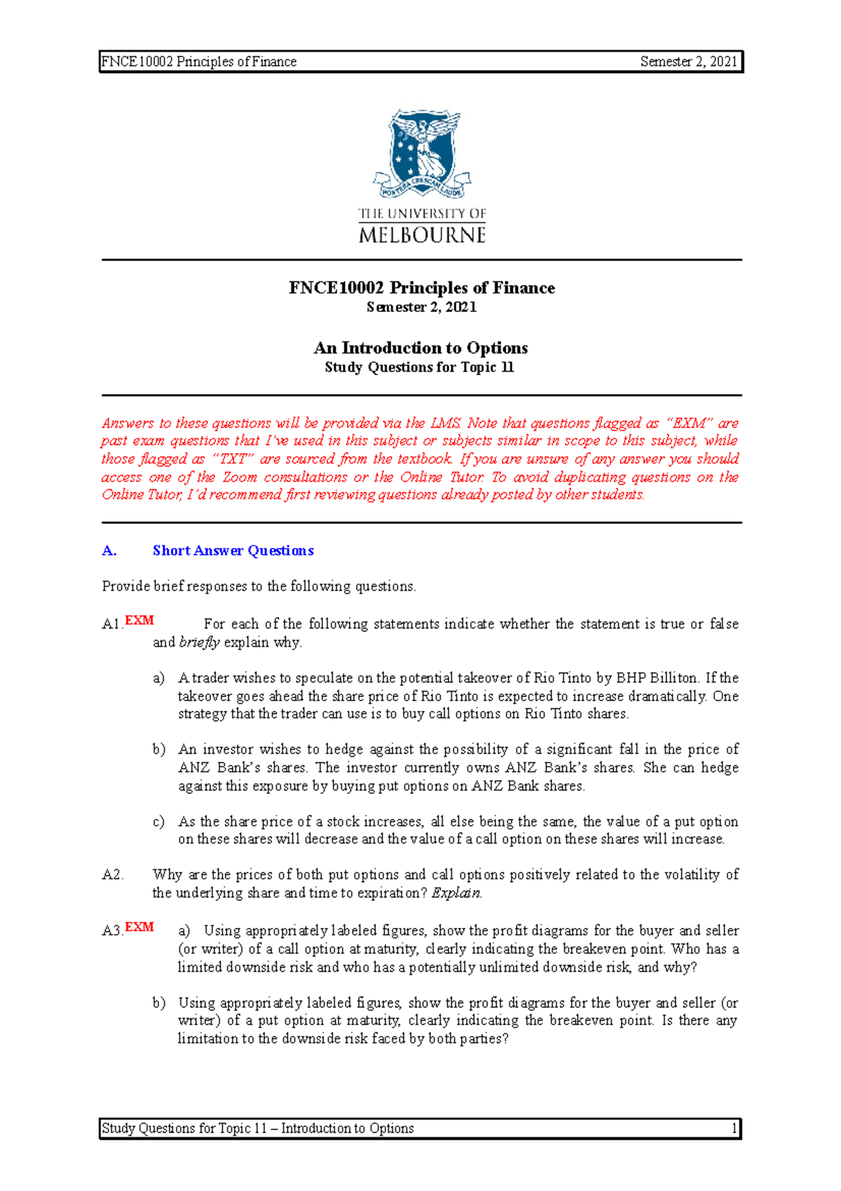 Tutorial topic 11 - Options with solutions - FNCE10002 Principles of ...