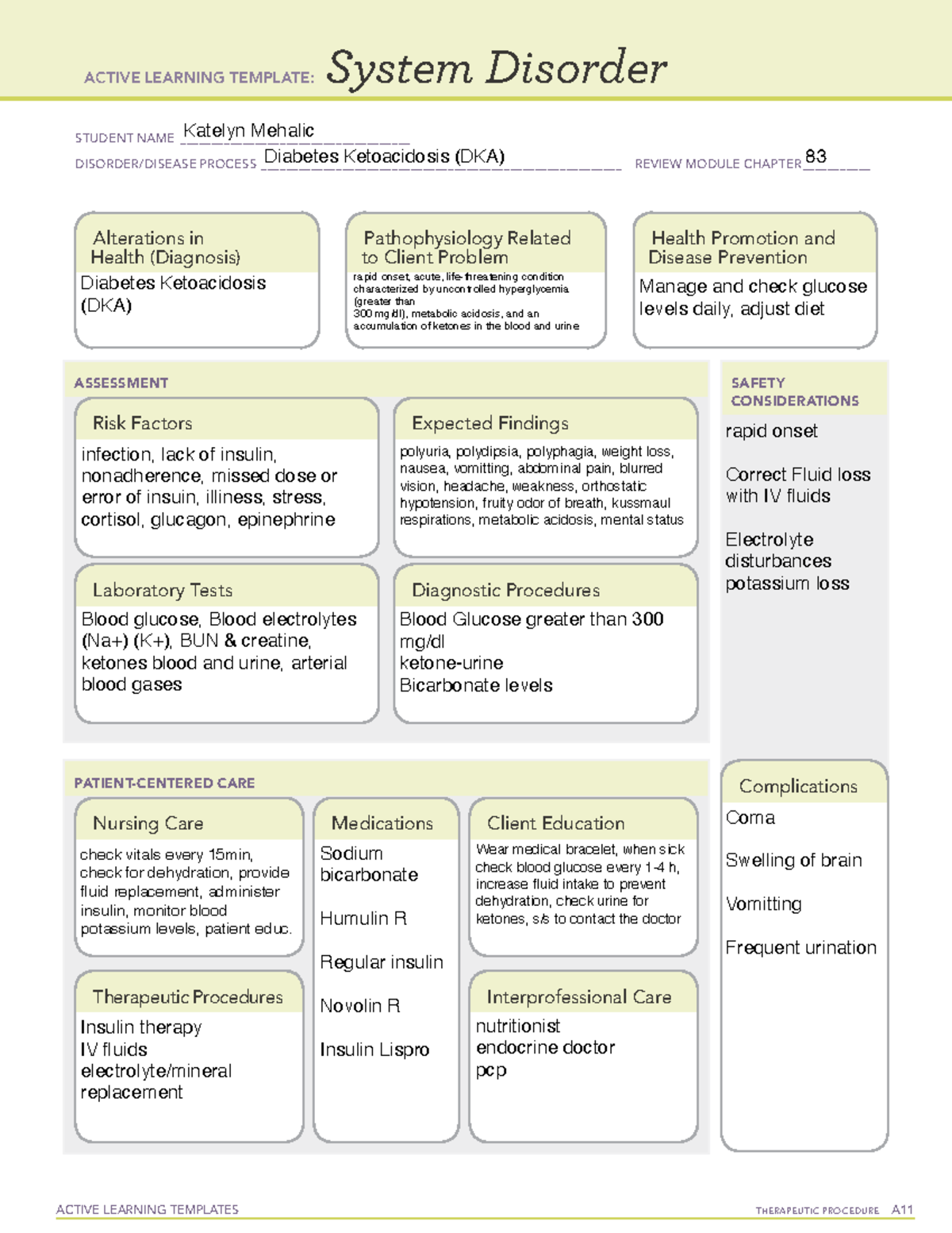 Diabetes Ketoacidosis DKA System Disorder ACTIVE LEARNING TEMPLATES 