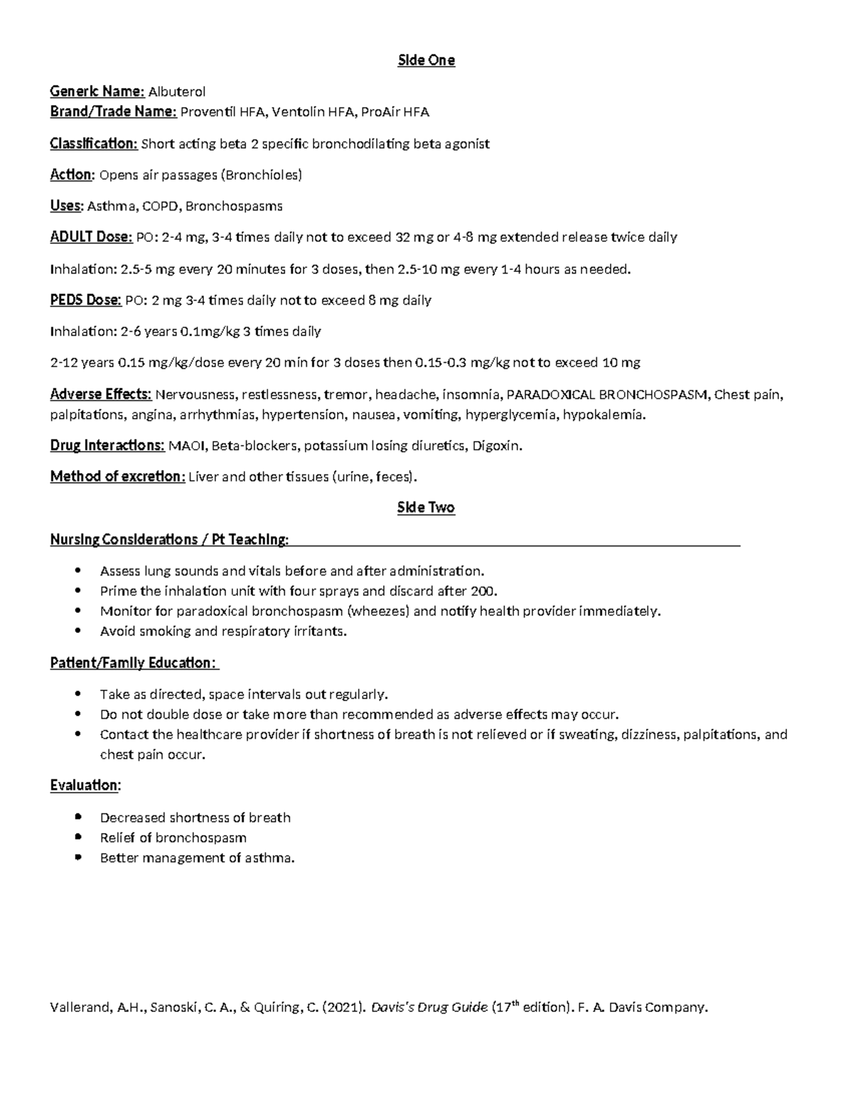 Albuterol - med card - Side One Generic Name: Albuterol Brand/Trade ...