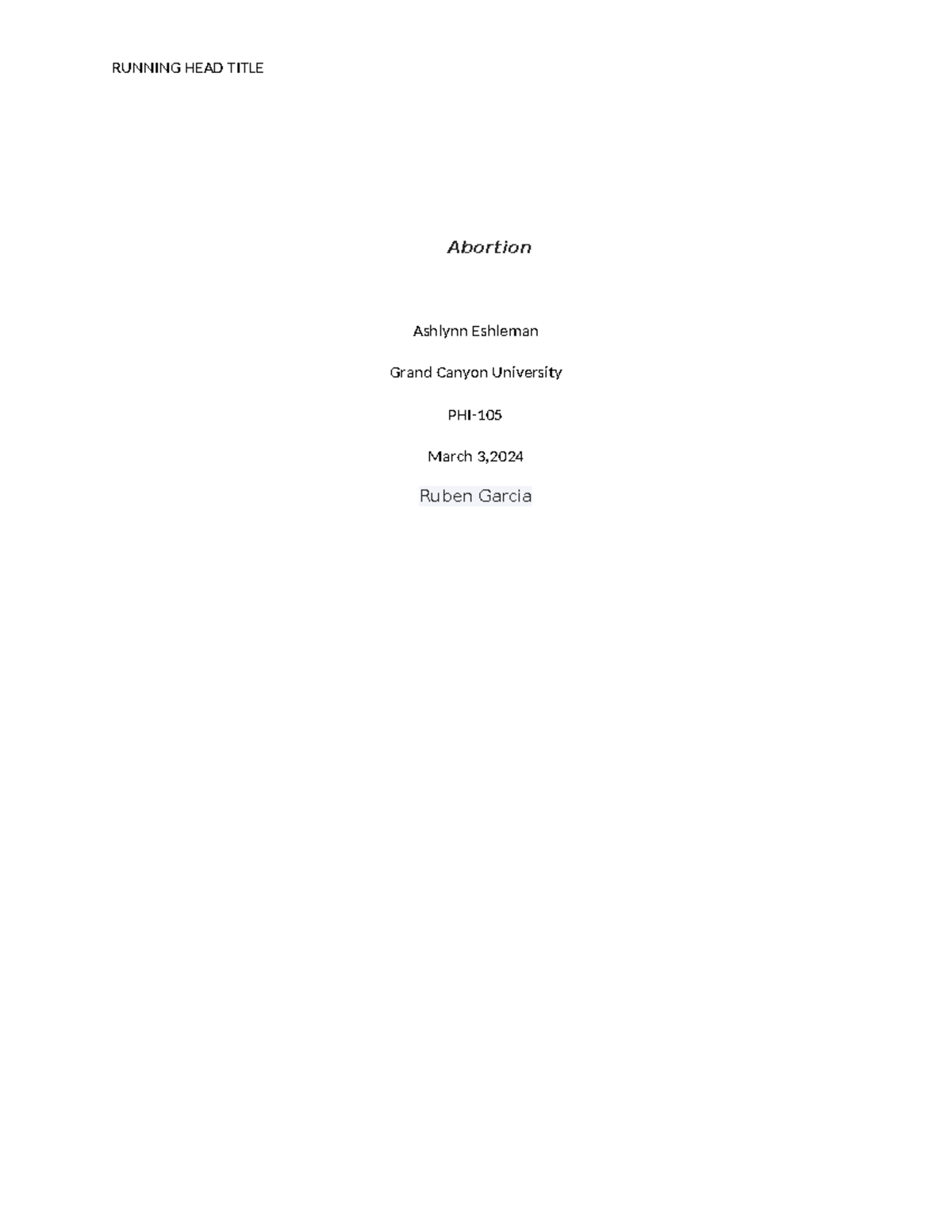 Final Draft Abortion Ashlynn Eshleman Grand Canyon University PHI