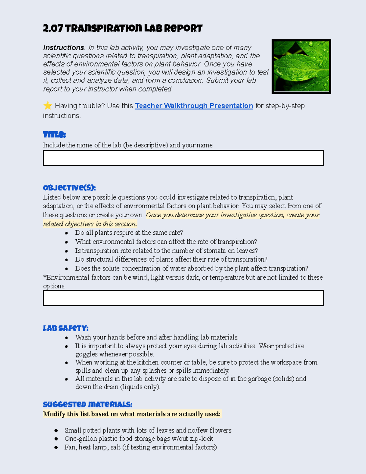 2.07 Lab Report Template Updated - 2 transpiration Lab Report ...