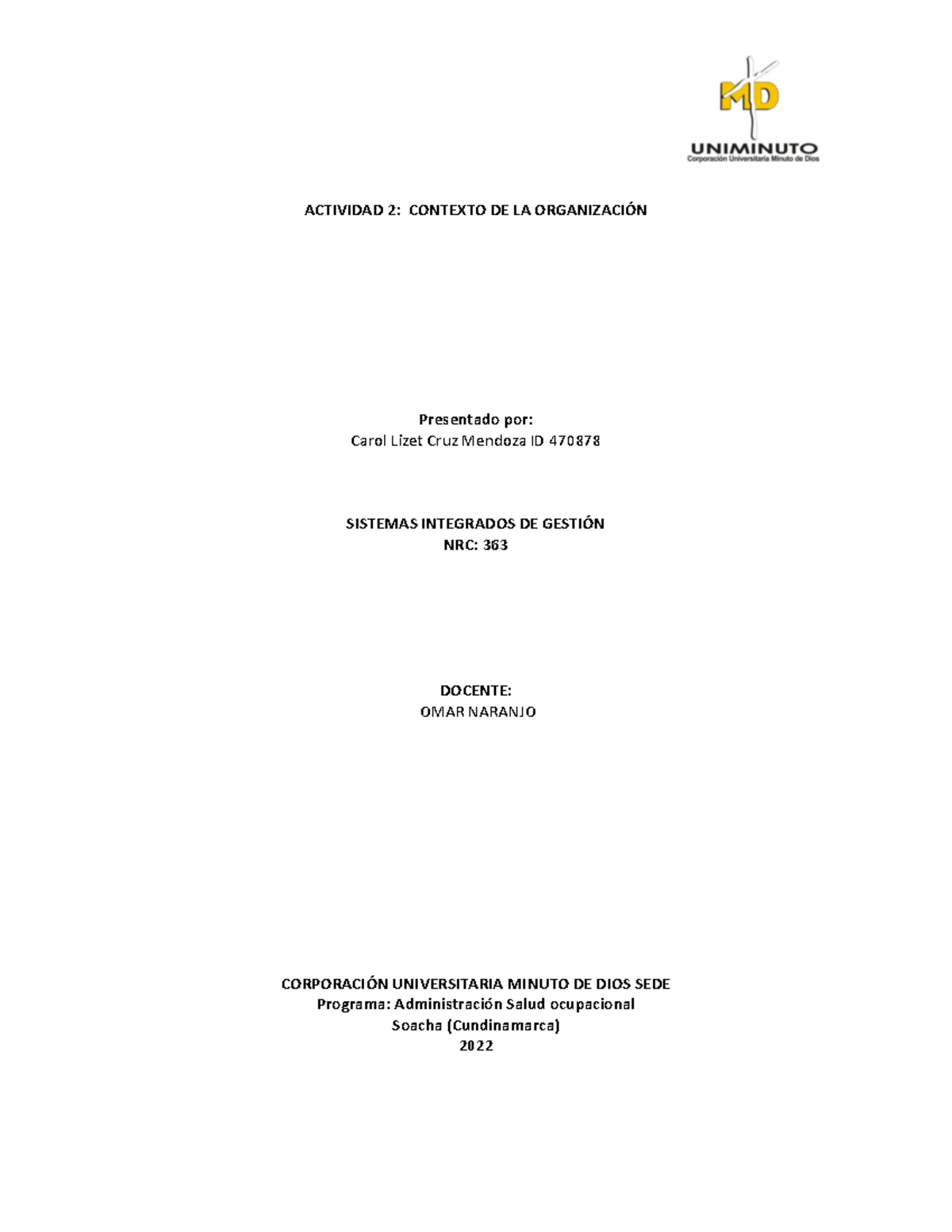 Actividad N 2 Contexto De La Organización - ACTIVIDAD 2: CONTEXTO DE LA ...