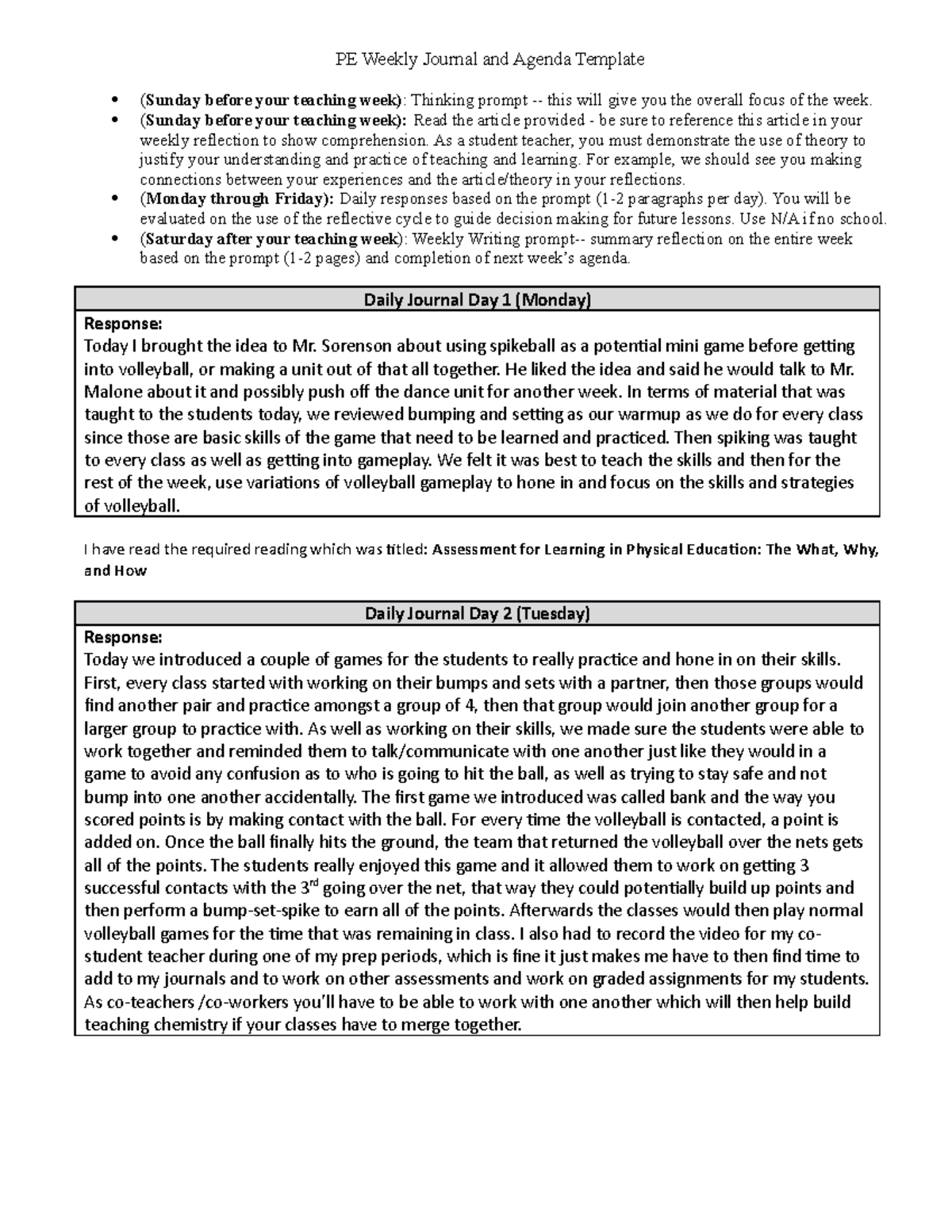 Week 8 ST journal - PE Weekly Journal and Agenda Template (Sunday ...