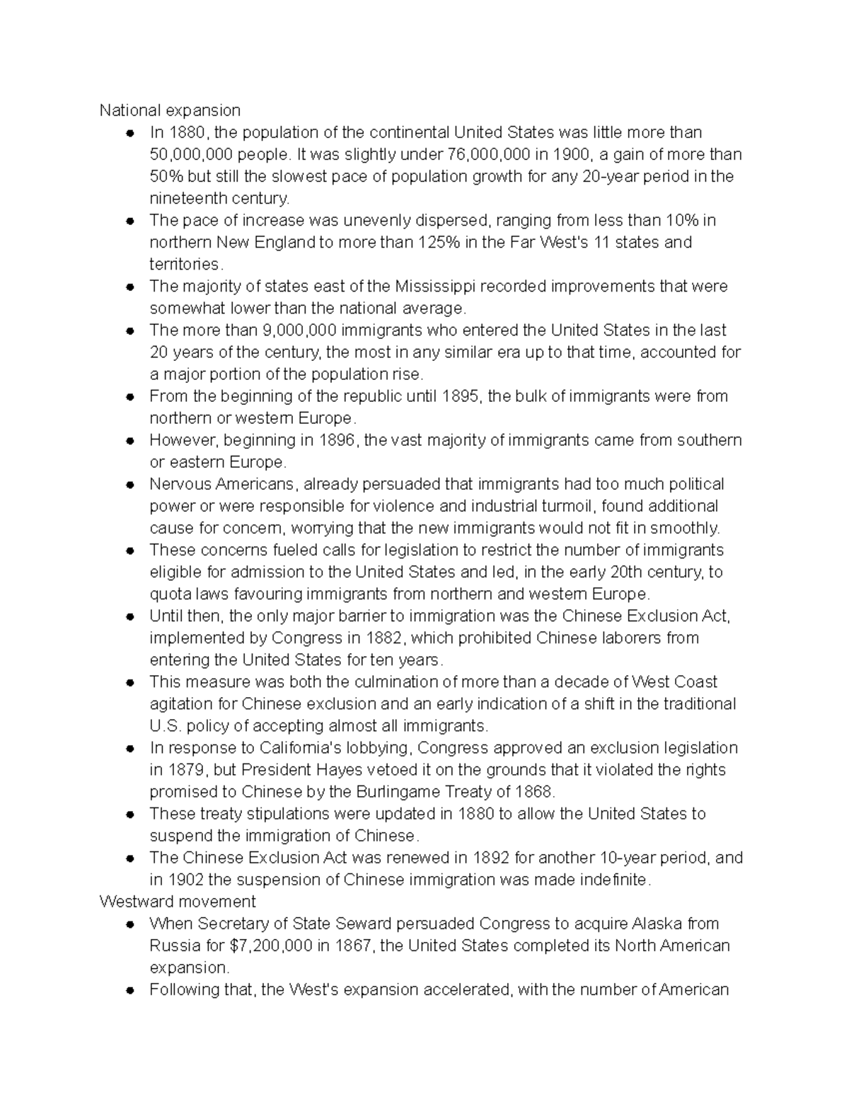 National Expansion and Growth National expansion In 1880, the population of the continental