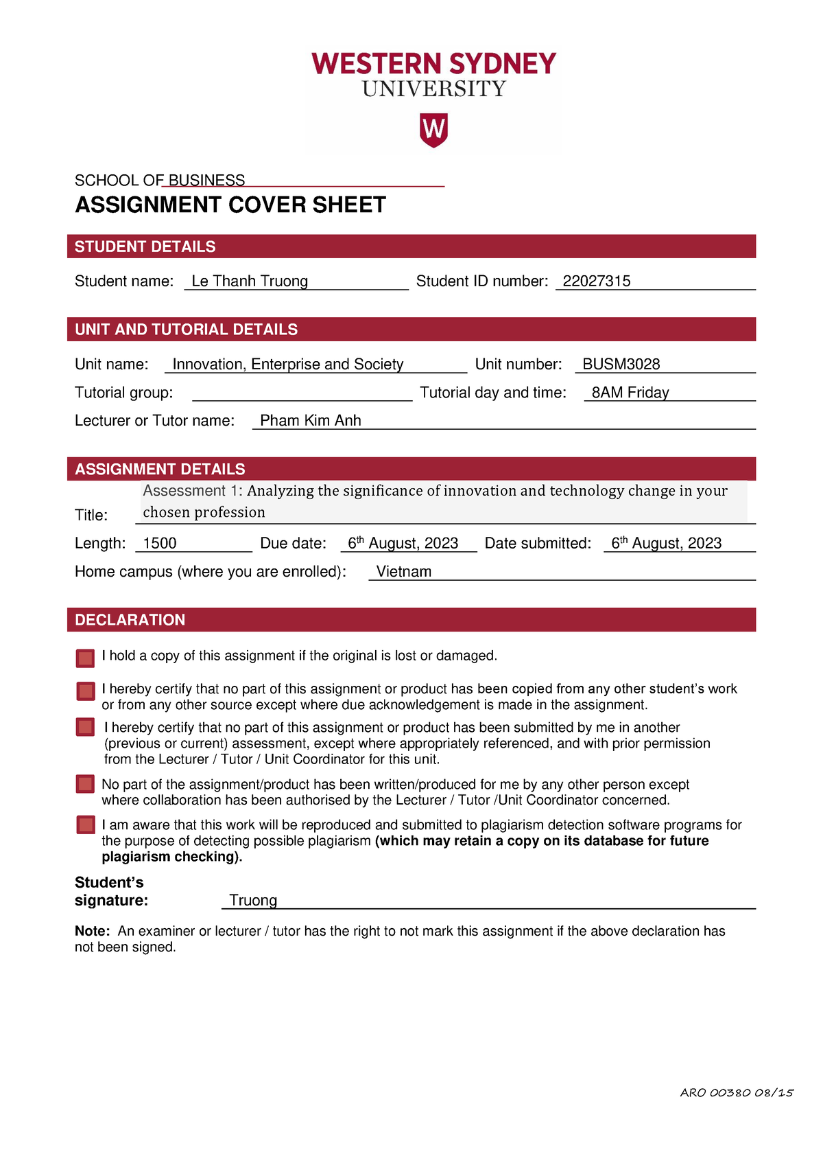 group assignment cover sheet wsu