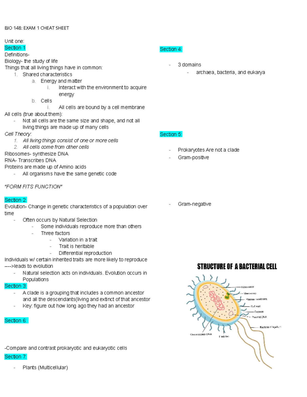 BIO 148 EXAM 1 Cheat Sheet - BIO 148: EXAM 1 CHEAT SHEET Unit one ...