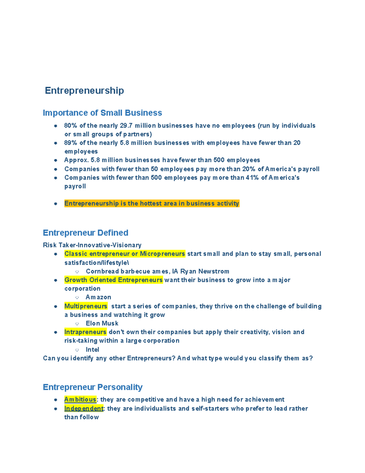 AESHM Chapter 7 - Entrepreneurship Importance Of Small Business Of The ...