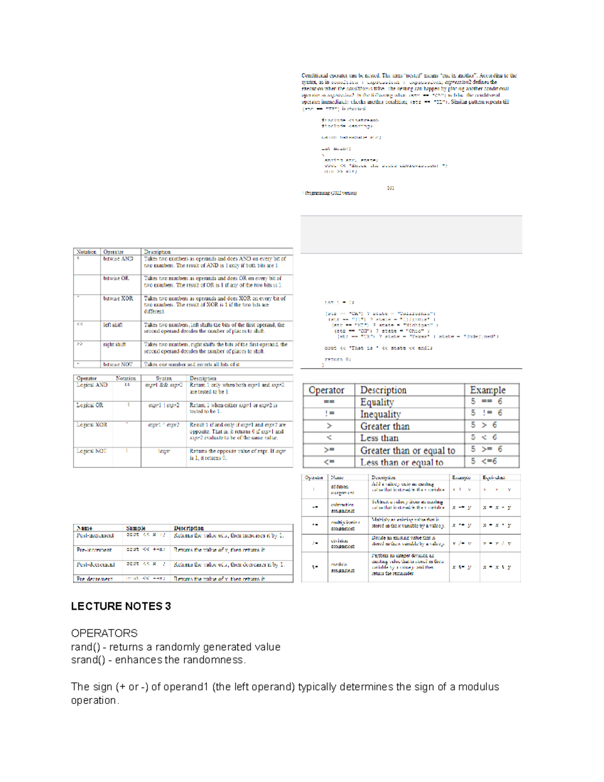 Lecture Notes 3 LECTURE NOTES 3 OPERATORS rand() returns a randomly