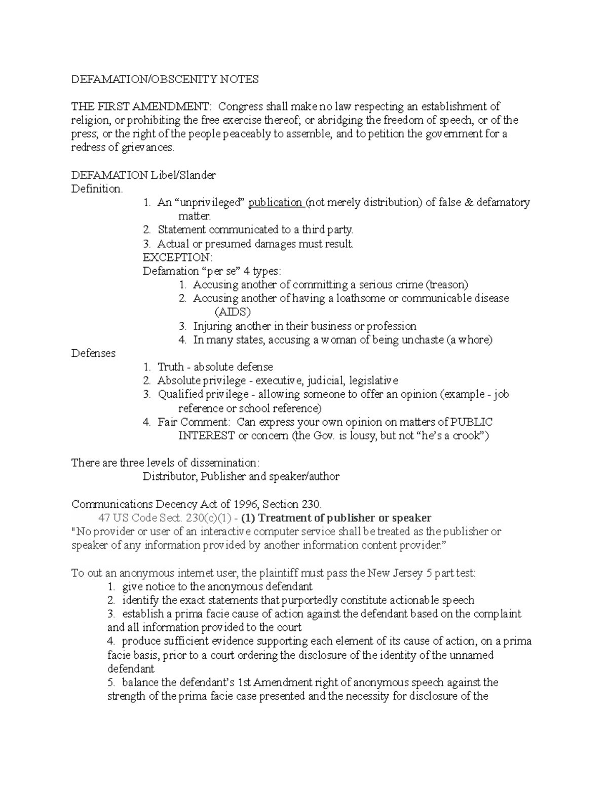 Defamation:Obscenity Notes - NOTES THE FIRST AMENDMENT: Congress shall ...